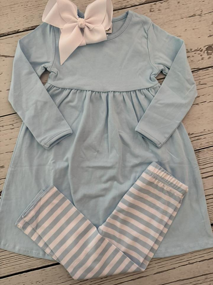 Blue tunic top stripes leggings girls long sleeve spring fall outfit preorder
