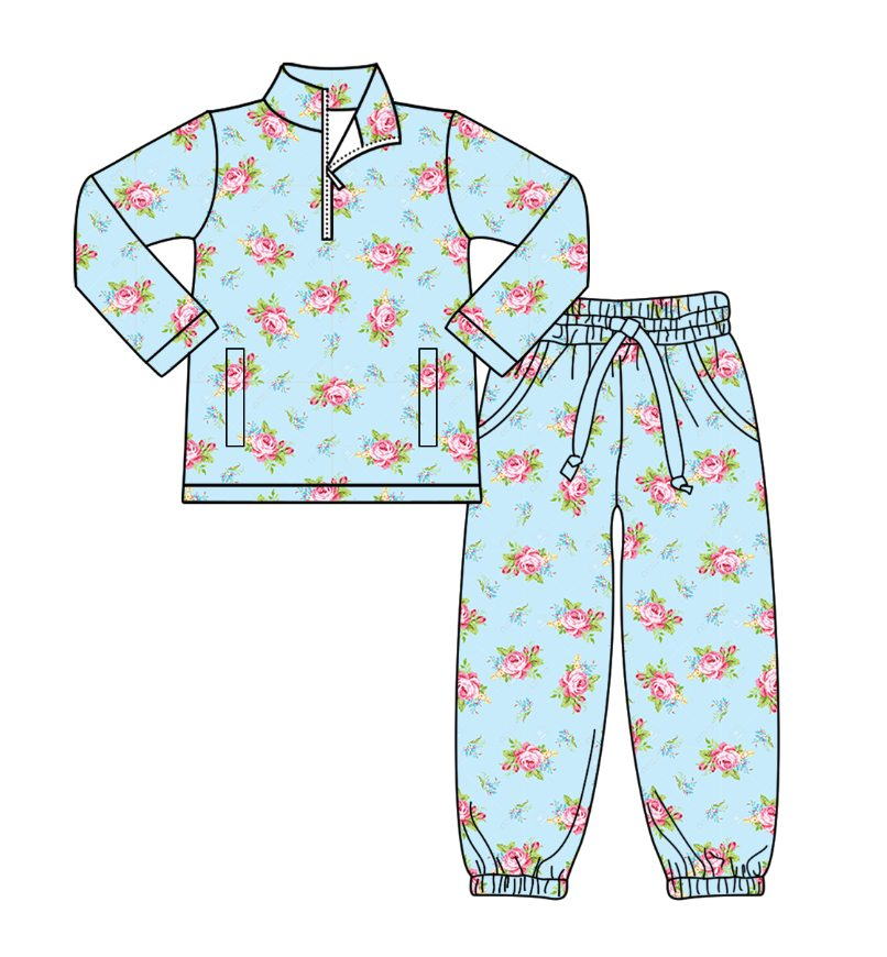 Pink floral blue yoga pullover top matching pants girls outfit preorder