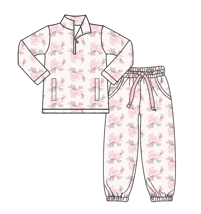 Pink bow floral yoga pullover top matching pants girls outfit preorder