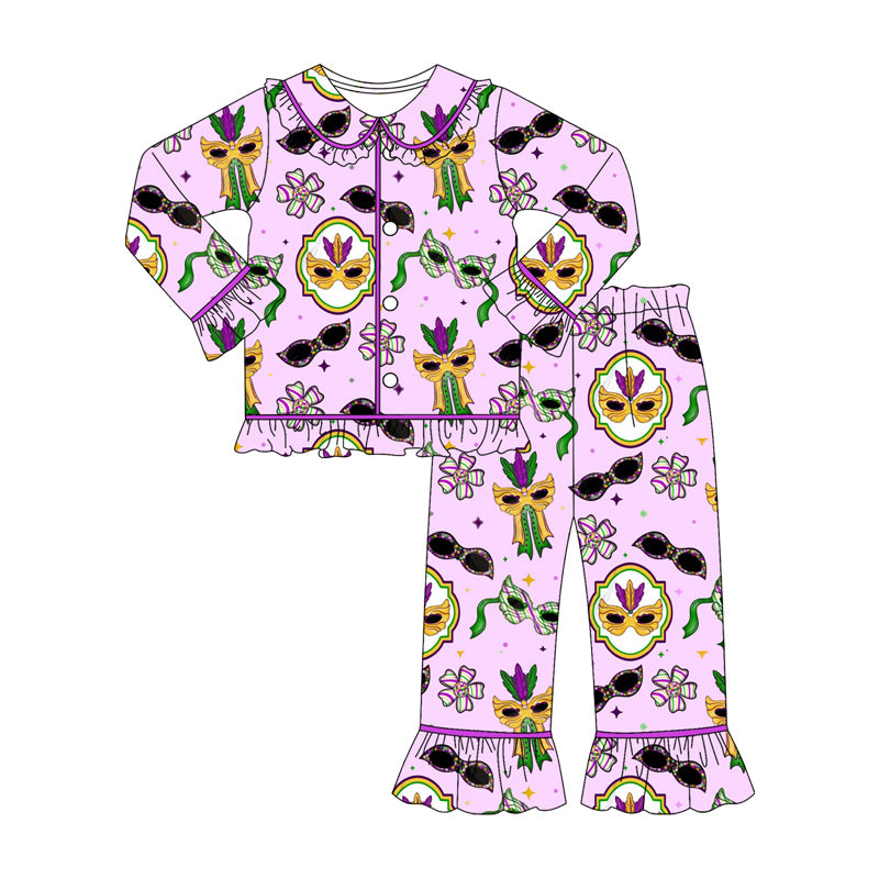 Mardi Gras mask print kids baby girl long sleeve pajama set outfit preorder