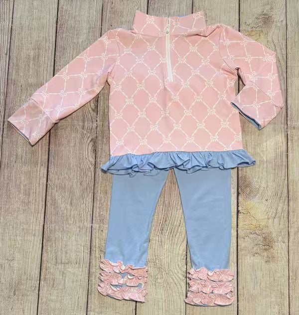 Pink bow shirt matching pants design girls spring fall outfit preorder