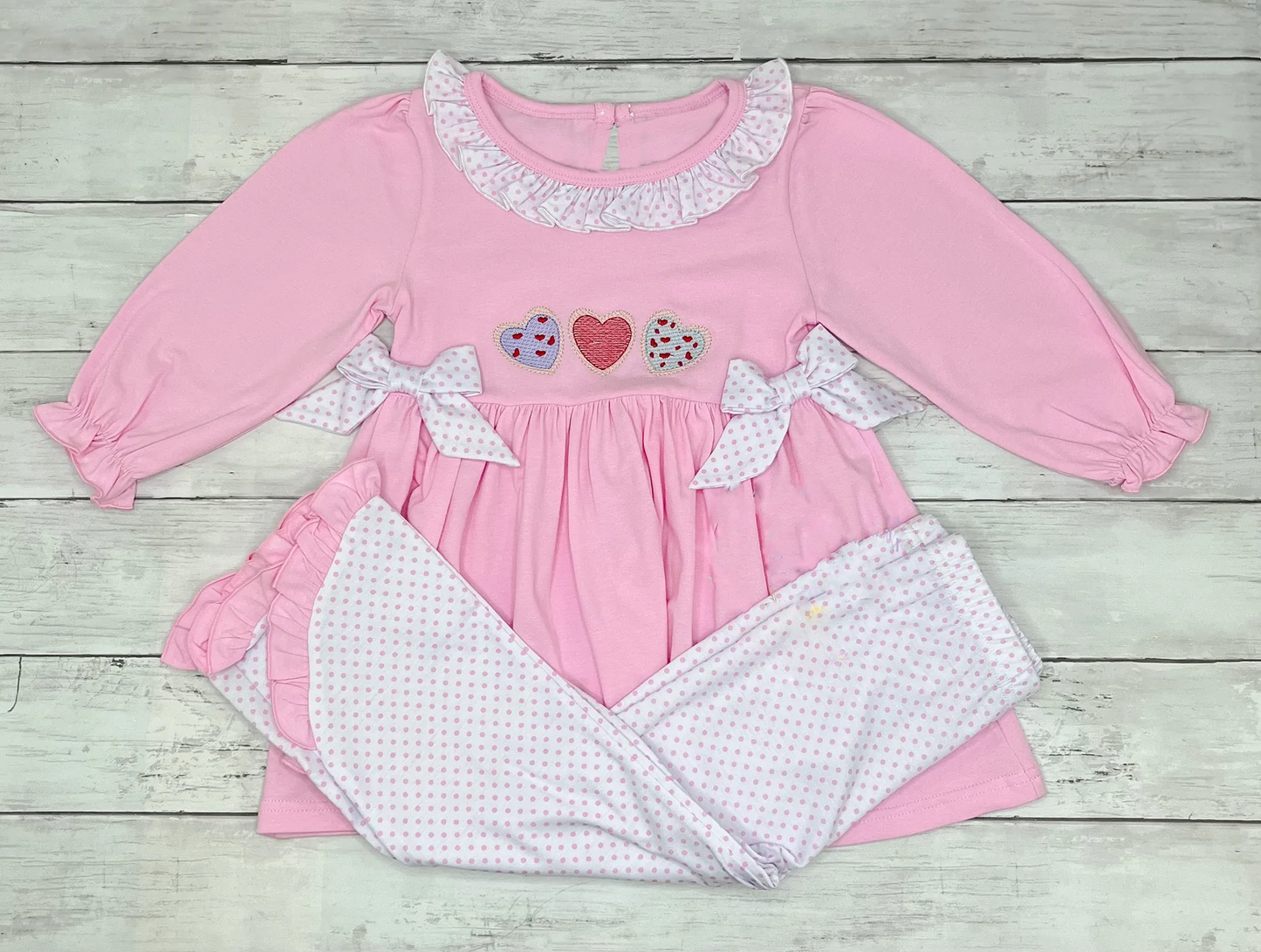 Valentines heart pink top polka dots pants girls long sleeve outfit preorder