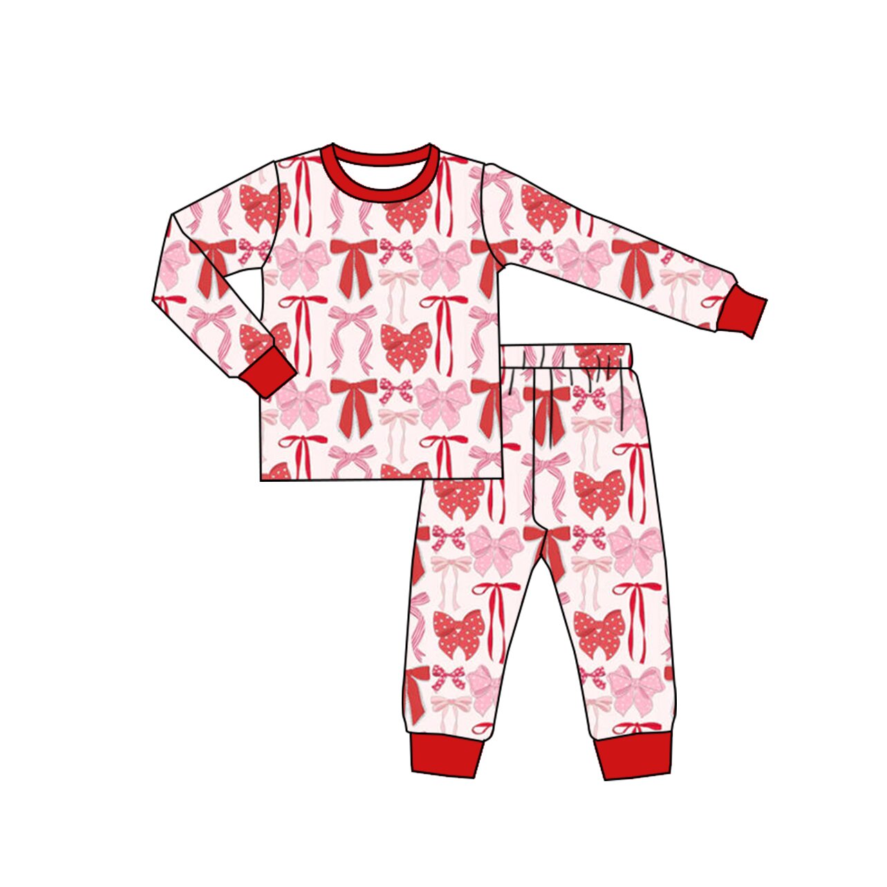 Red pink bow girls long sleeve outfit preorder