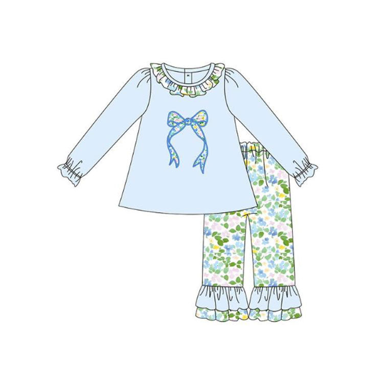 Blue floral design kids baby girl spring fall outfit preorder