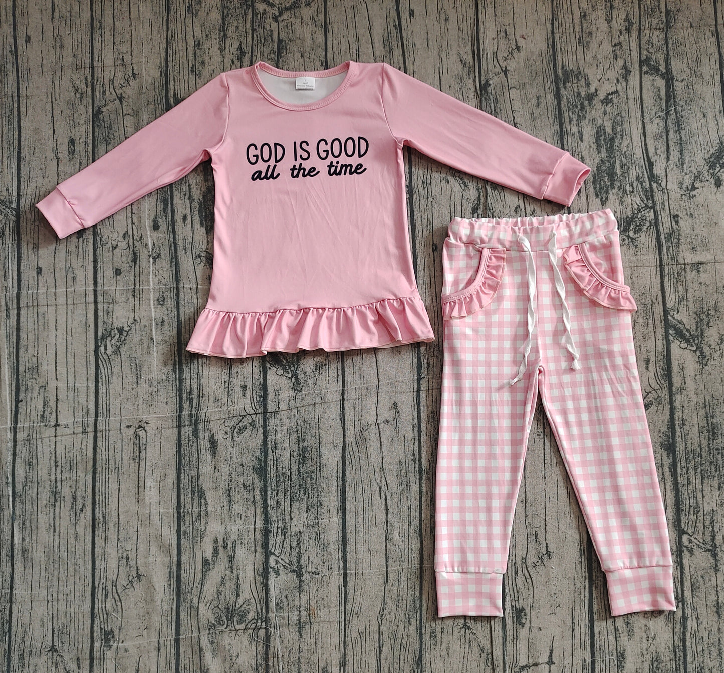 God is good long sleeve top plaid pants baby girl outfit preorder