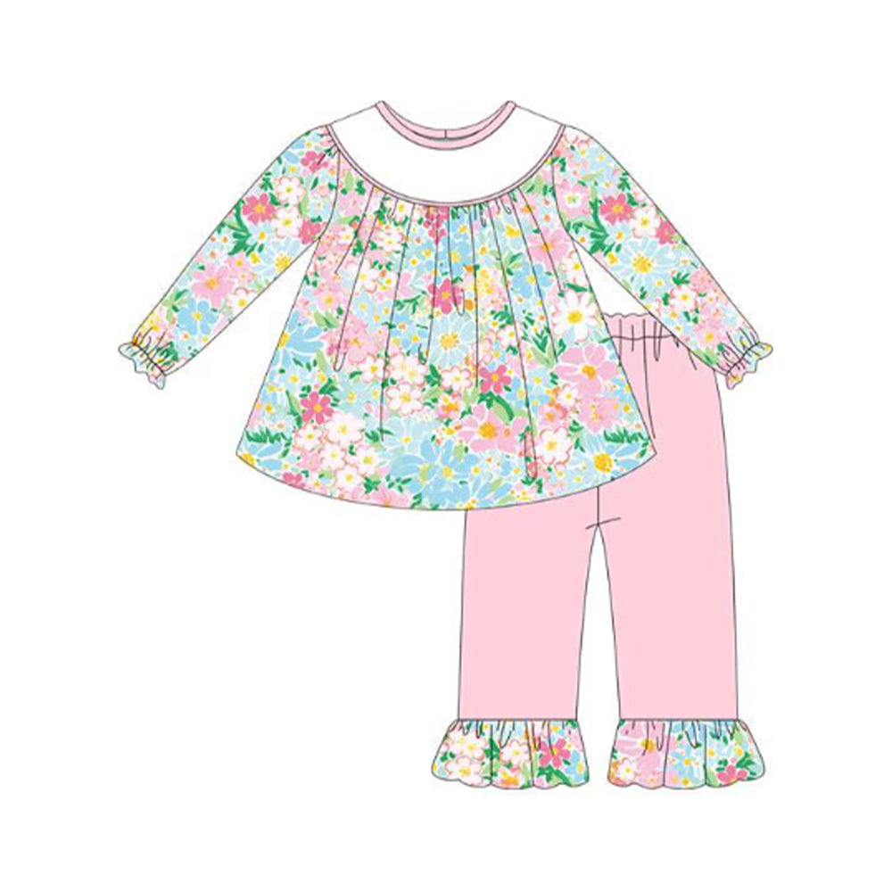 Pink blue floral long sleeve top matching pants baby girl outfit preorder