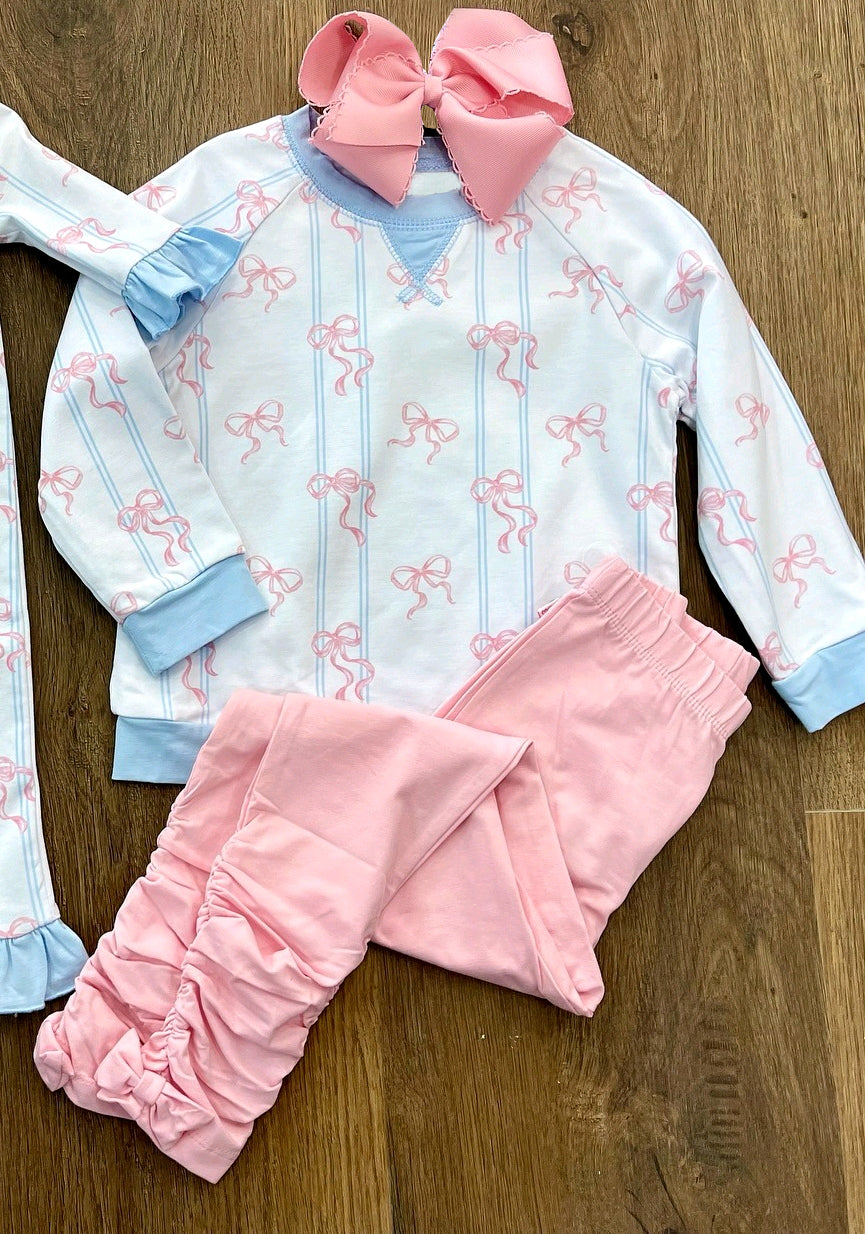 Pink bow long sleeve top matching pants baby girl outfit preorder