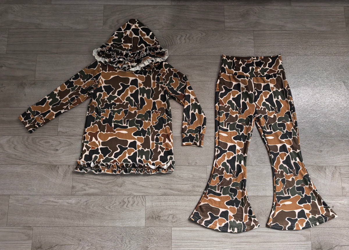 Dark green camo long sleeve top matching pants girls hoodie set preorder