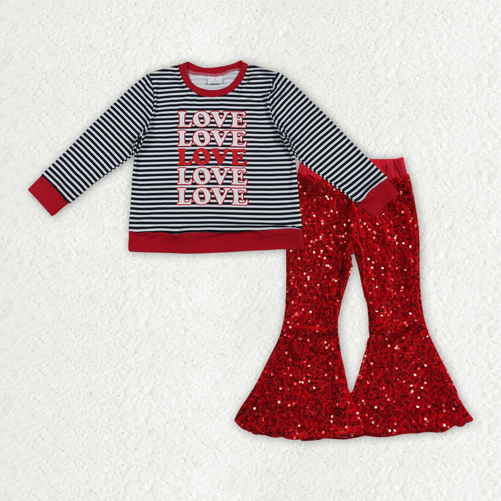 Valentines day t-shirt matching sequins bell bottoms 2pcs clothing set