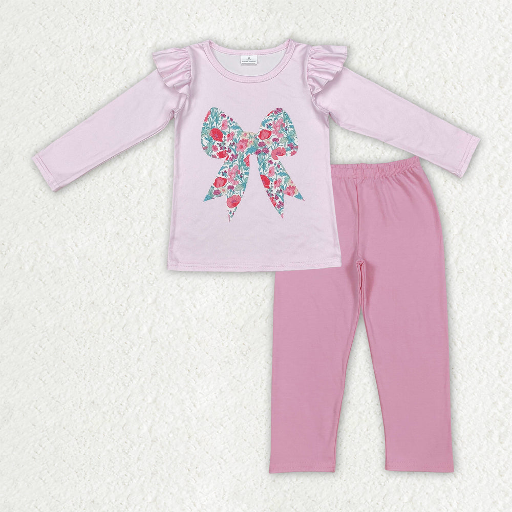 Floral bow top matching pants girls long sleeve outfit