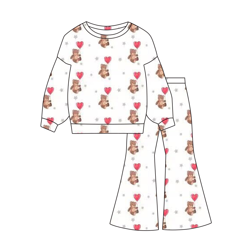 Bear heart print long sleeve top matching pants baby girl outfit preorder