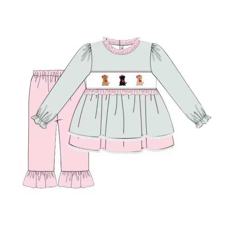 Valentine dog print long sleeve top matching pants baby girl outfit preorder