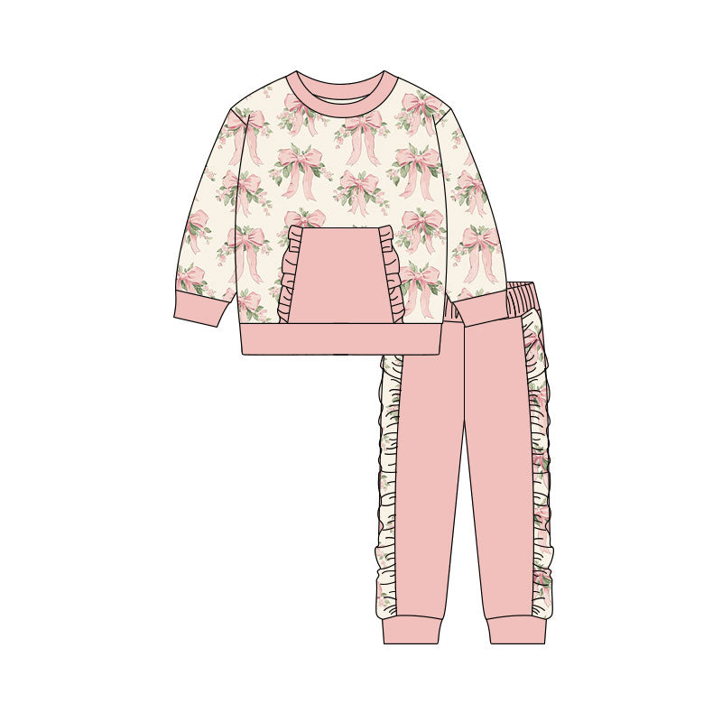 Pink bow floral print long sleeve top matching pants baby girl outfit preorder
