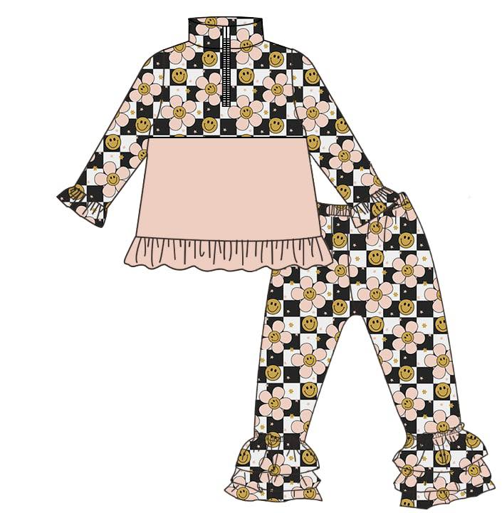 Smile face flowers design girls long sleeve outfit preorder