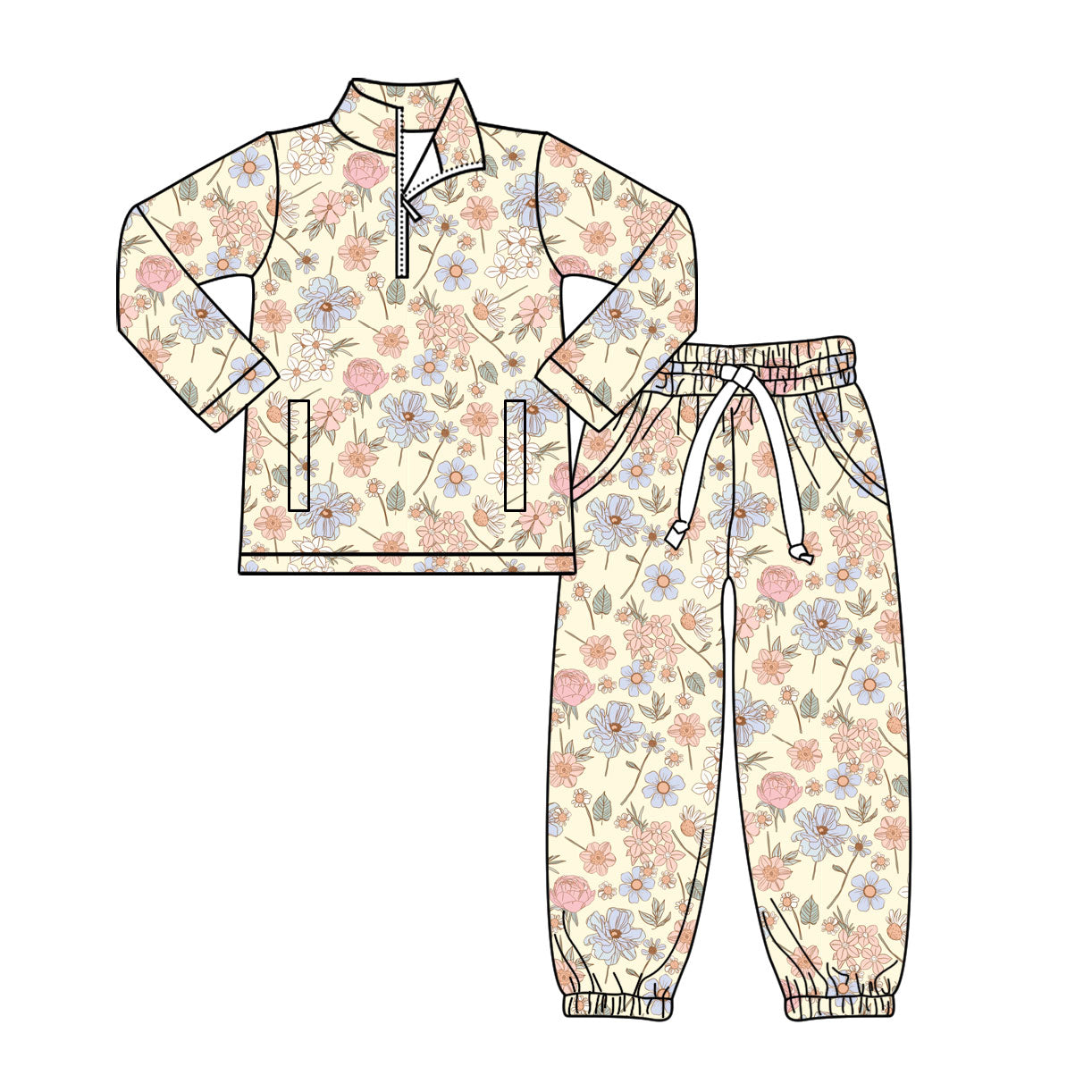Pink blue floral design pullover matching pants kids girls long sleeve outfit preorder