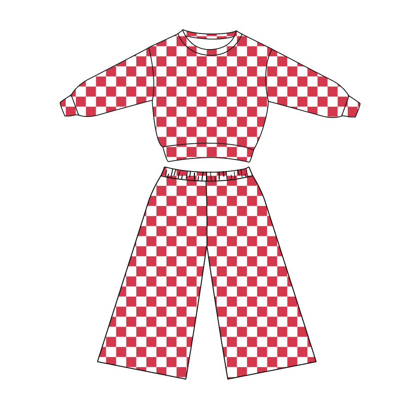 Red checkered design kids long sleeve outfit preorder