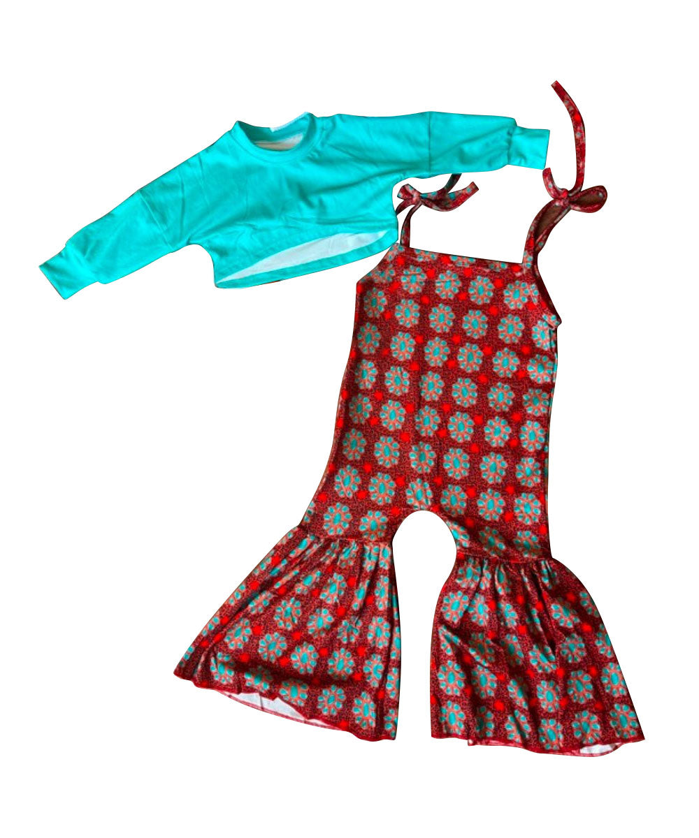 Long sleeve top matching turquoise jumpsuit design kids outfit preorder
