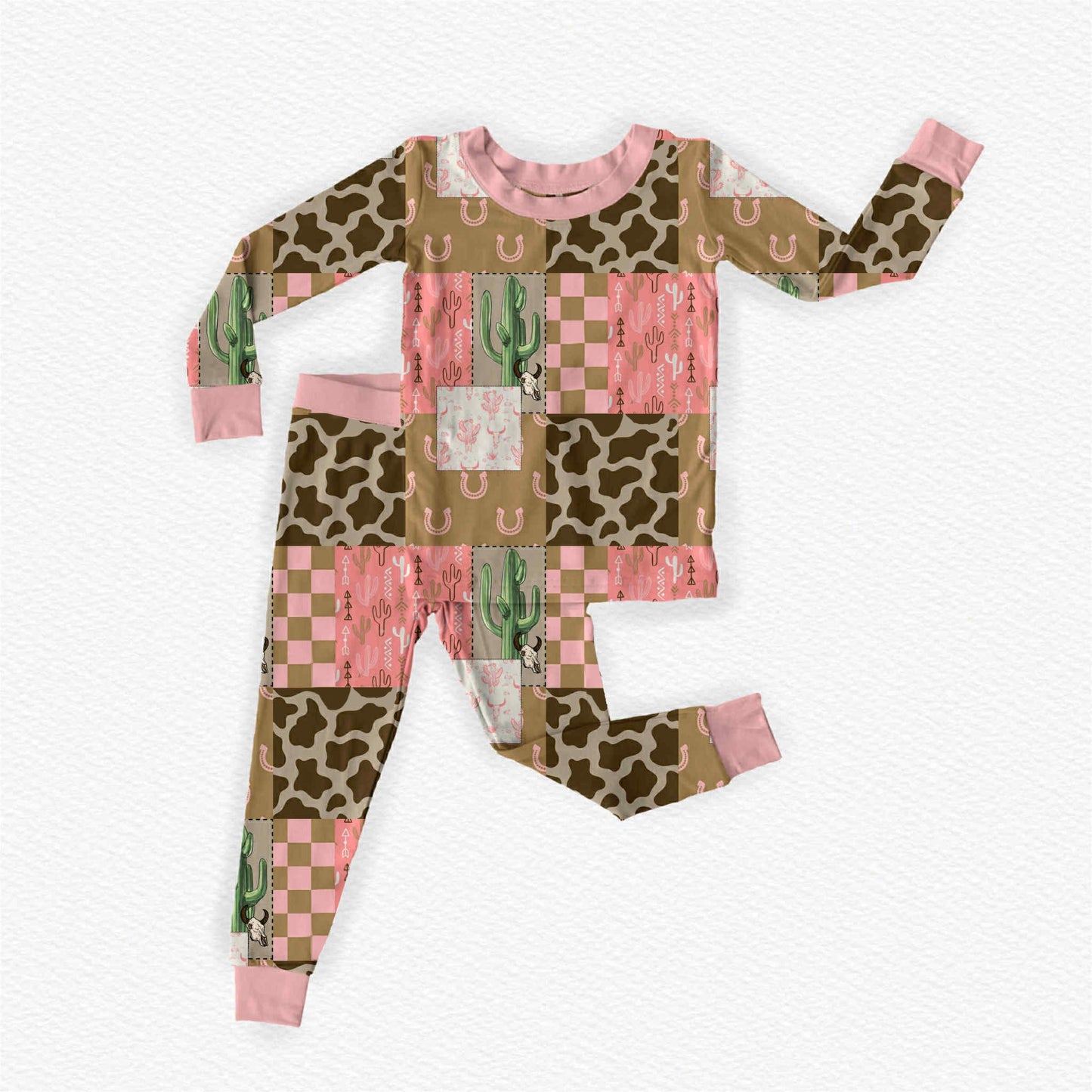 Western cactus print long sleeve top matching pants kids outfit preorder