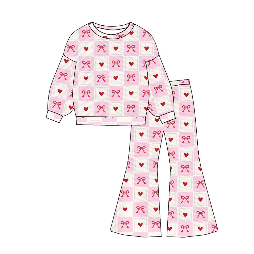 Pink bow heart long sleeve top matching pants kids outfit preorder