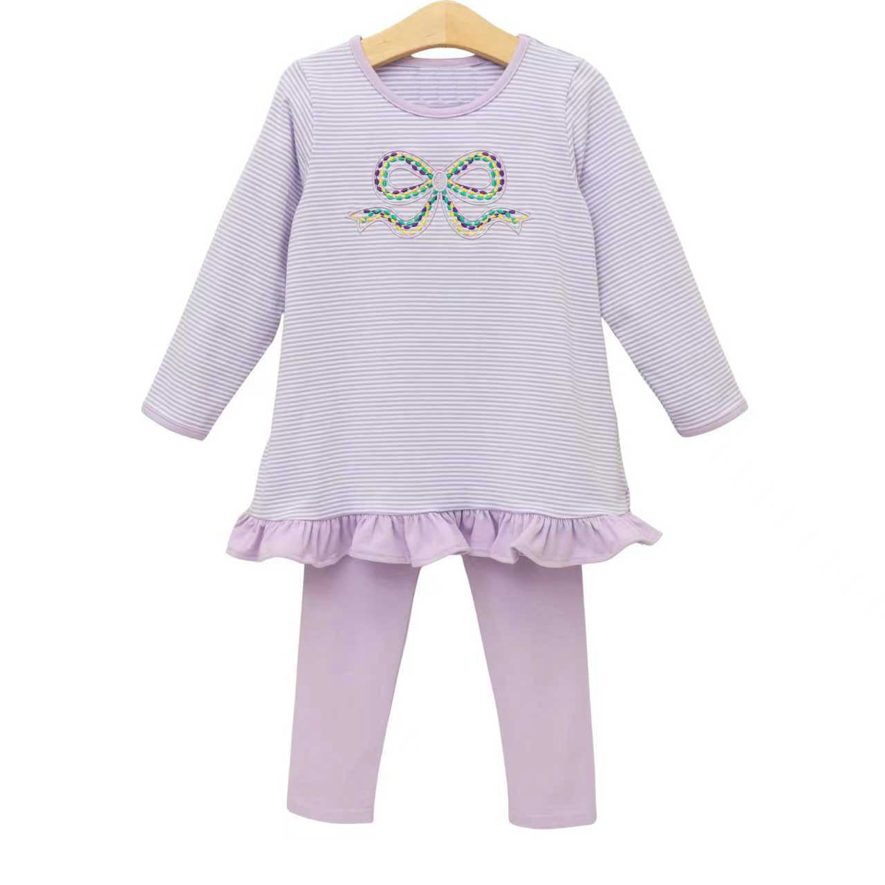 Mardi Gras bow design kids girls long sleeve outfit preorder
