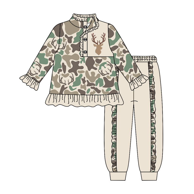 Deer camo long sleeve pullover top matching pants girls outfit preorder