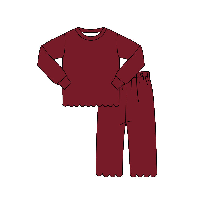 Wine red long sleeve scalloped top matching pants girl outfit preorder