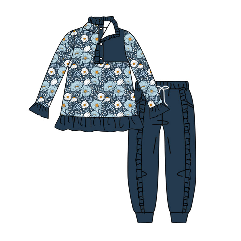 Blue flowers long sleeve pullover top matching pants boy outfit preorder