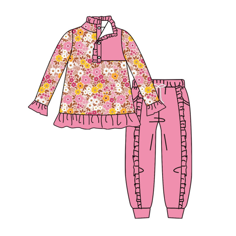 Pink Flowers long sleeve pullover top matching pants boy outfit preorder