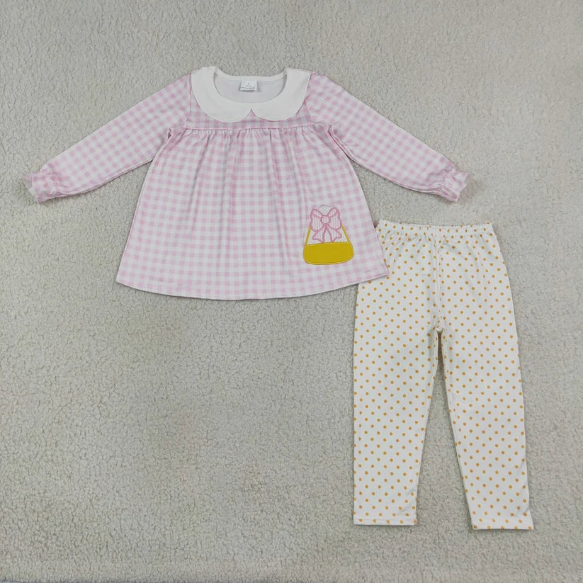 Blue floral embroidery pumpkins long sleeve tunic top matching leggings girls outfit