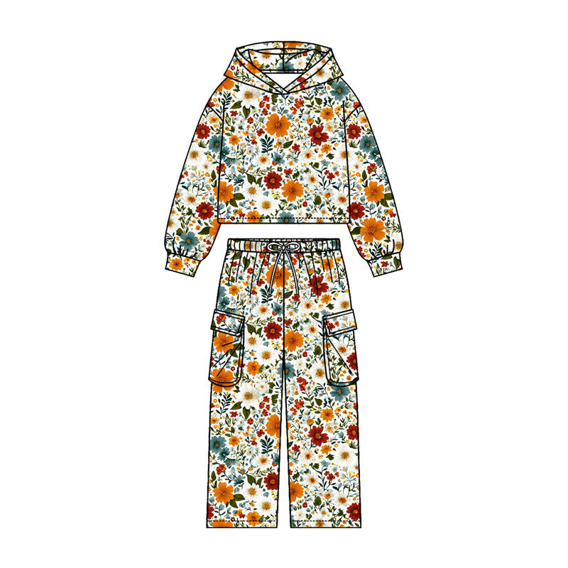 Orange flowers girls long sleeve hoodie set outfit preorder