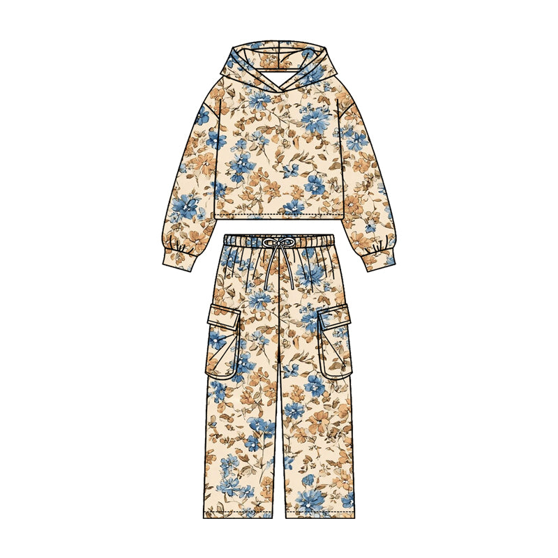 Blue flowers print girls long sleeve hoodie set outfit preorder