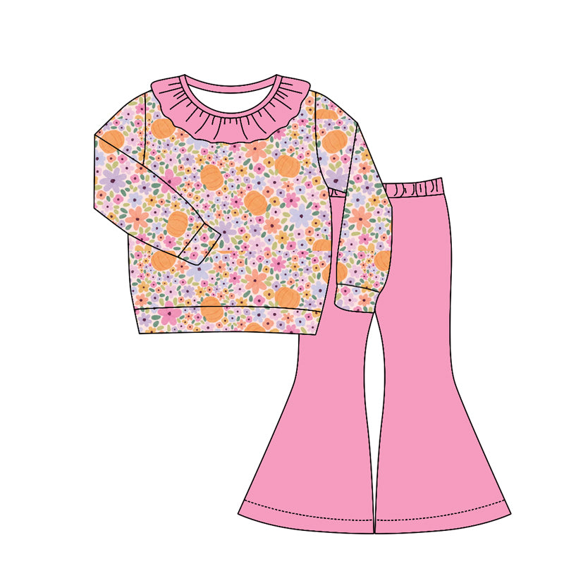 Pumpkin Flowers long sleeve top matching pants kids girl outfit preorder