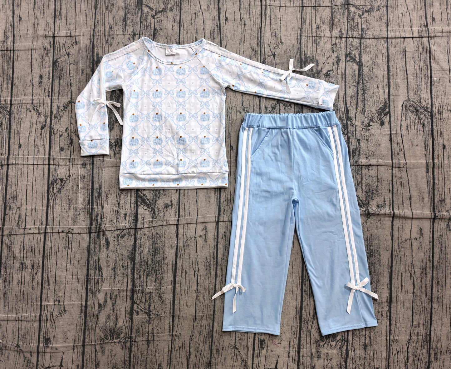 Blue bow Pumpkins long sleeve top matching pants girls fall outfit preorder