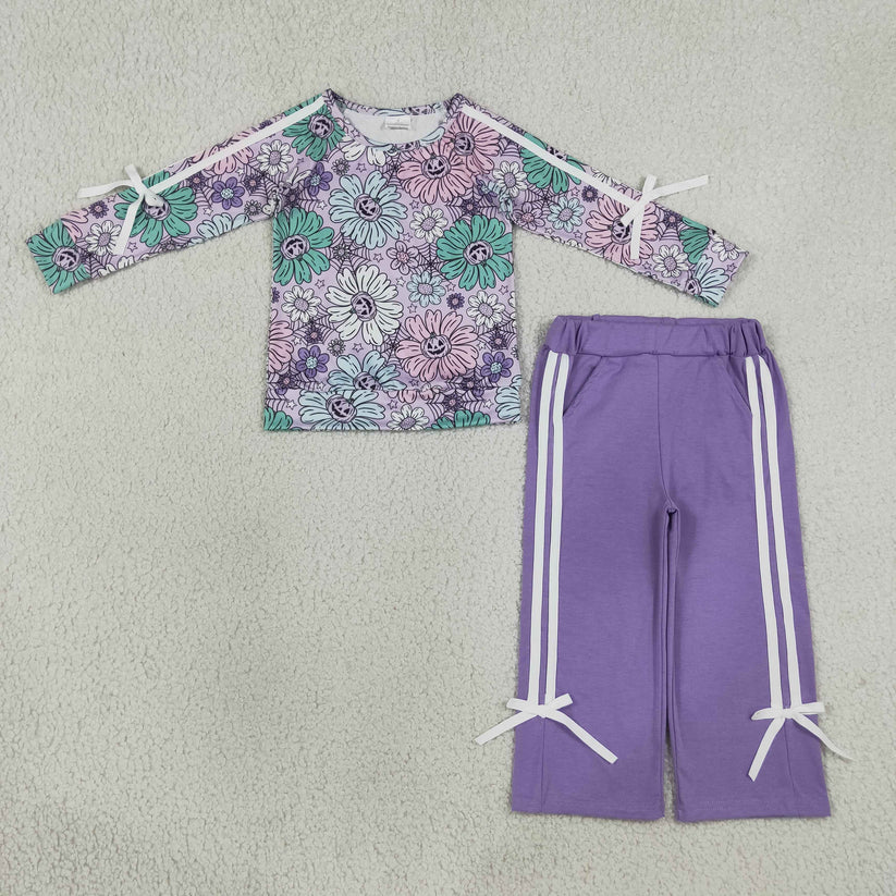 Blue bow Pumpkins long sleeve top matching pants girls fall outfit