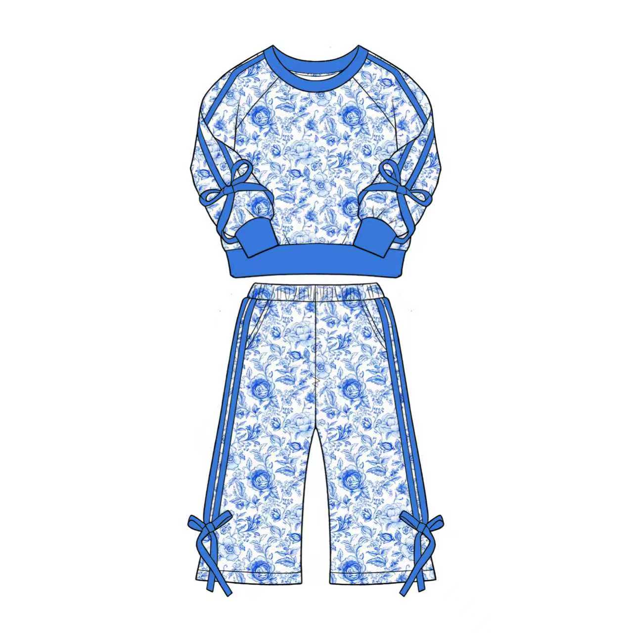 Blue flowers print long sleeve top matching pants girls fall outfit preorder