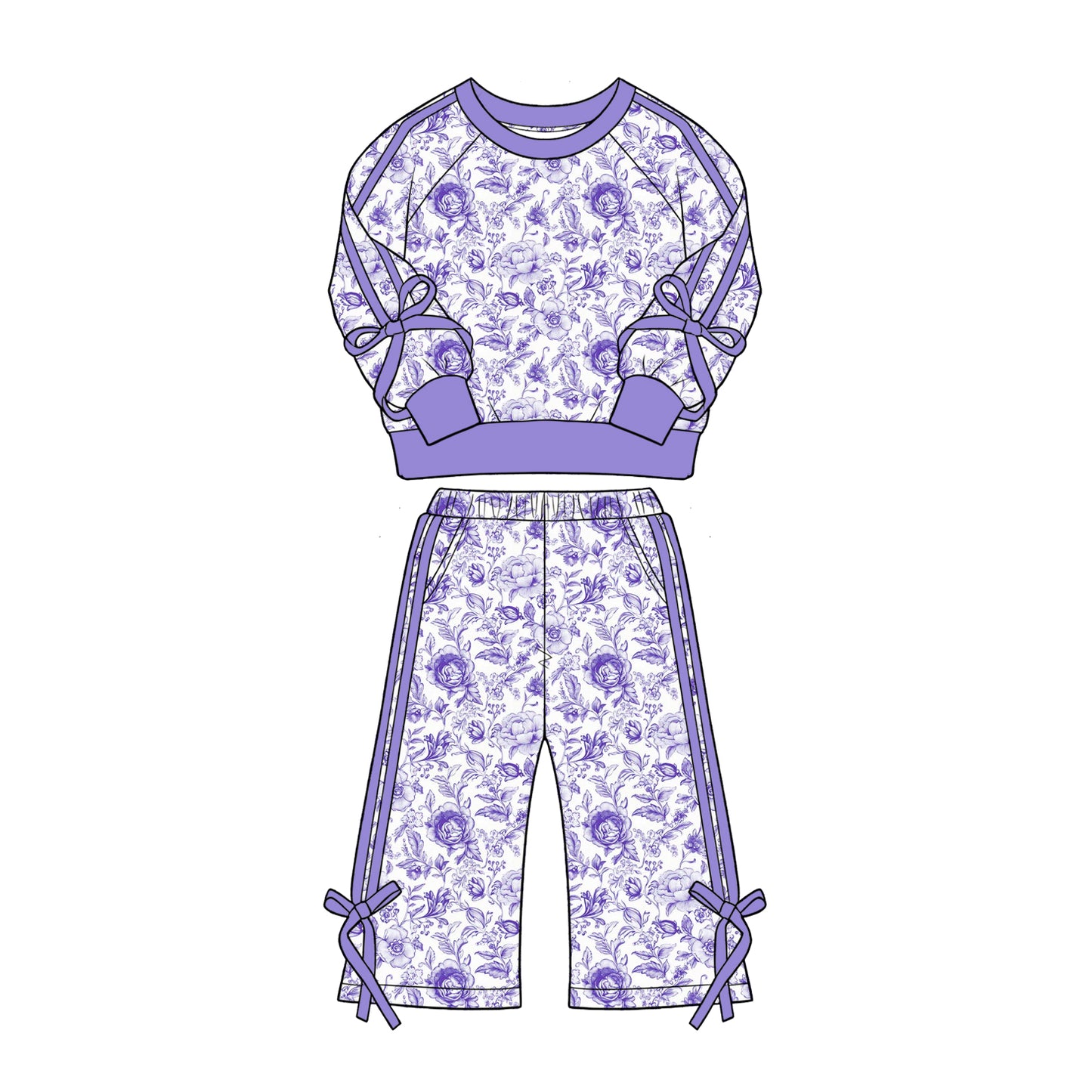 Lavender flowers print long sleeve top matching pants girls fall outfit preorder