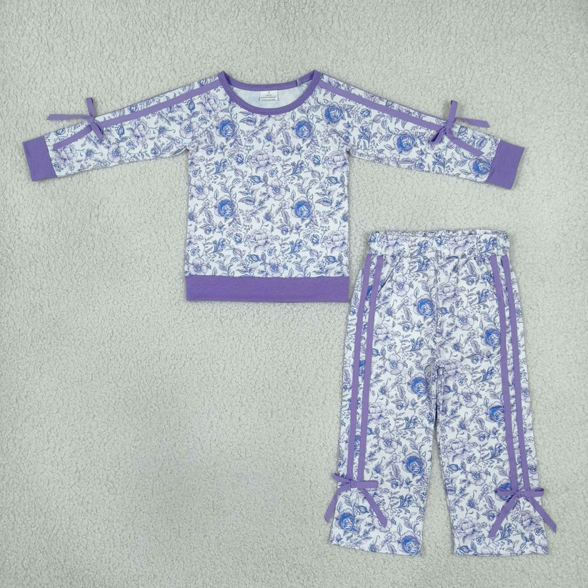 Blue flowers print long sleeve top matching pants girls fall outfit