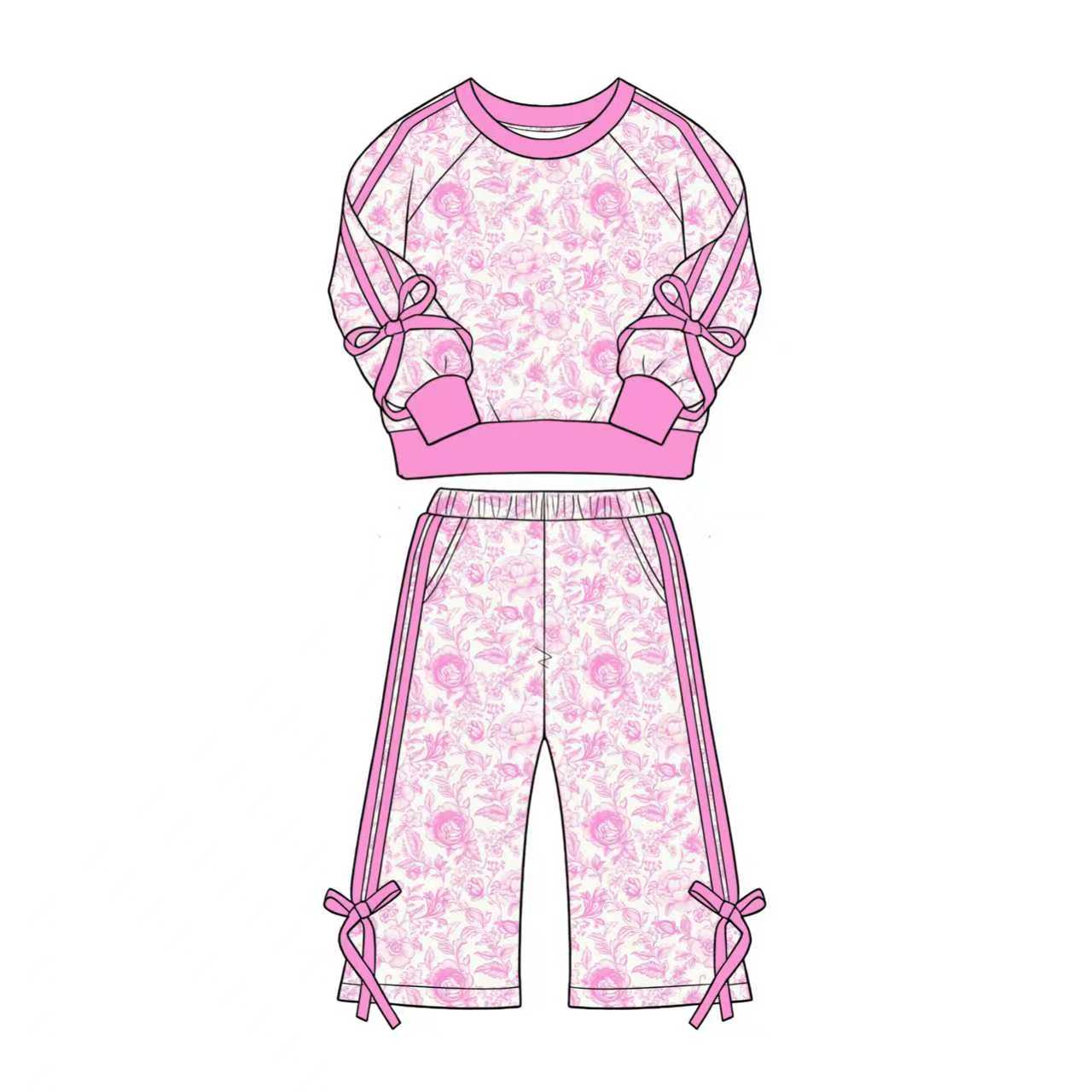Pink flowers print long sleeve top matching pants girls fall outfit preorder