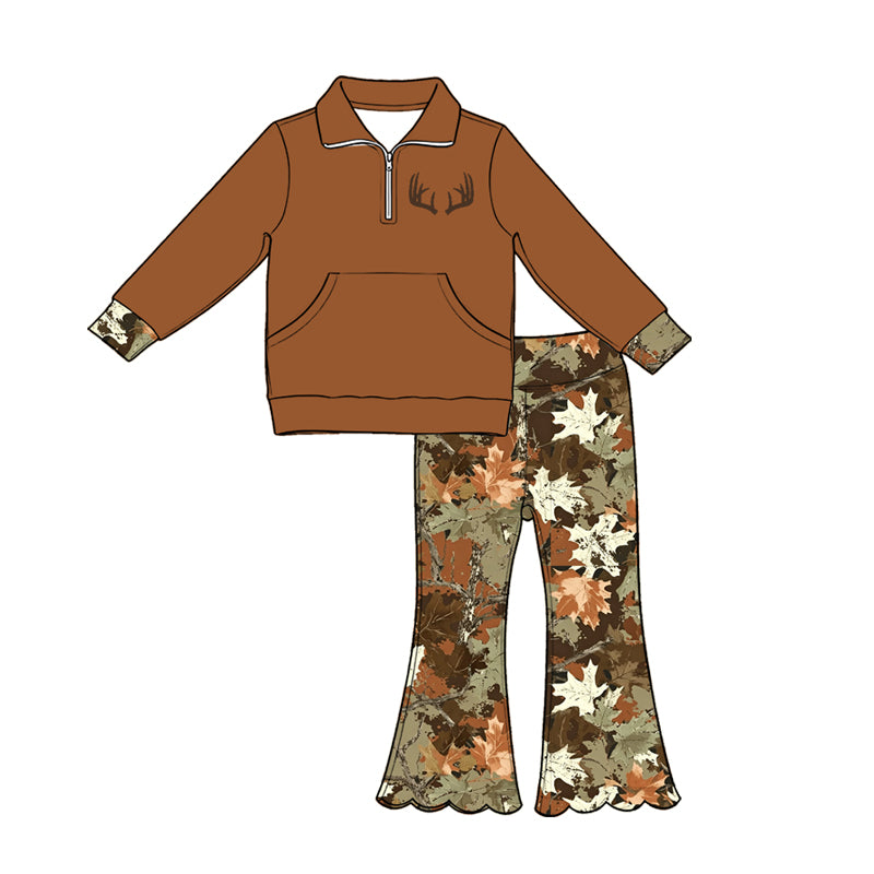 Deer print long sleeve pullover top matching pants girls fall outfit preorder
