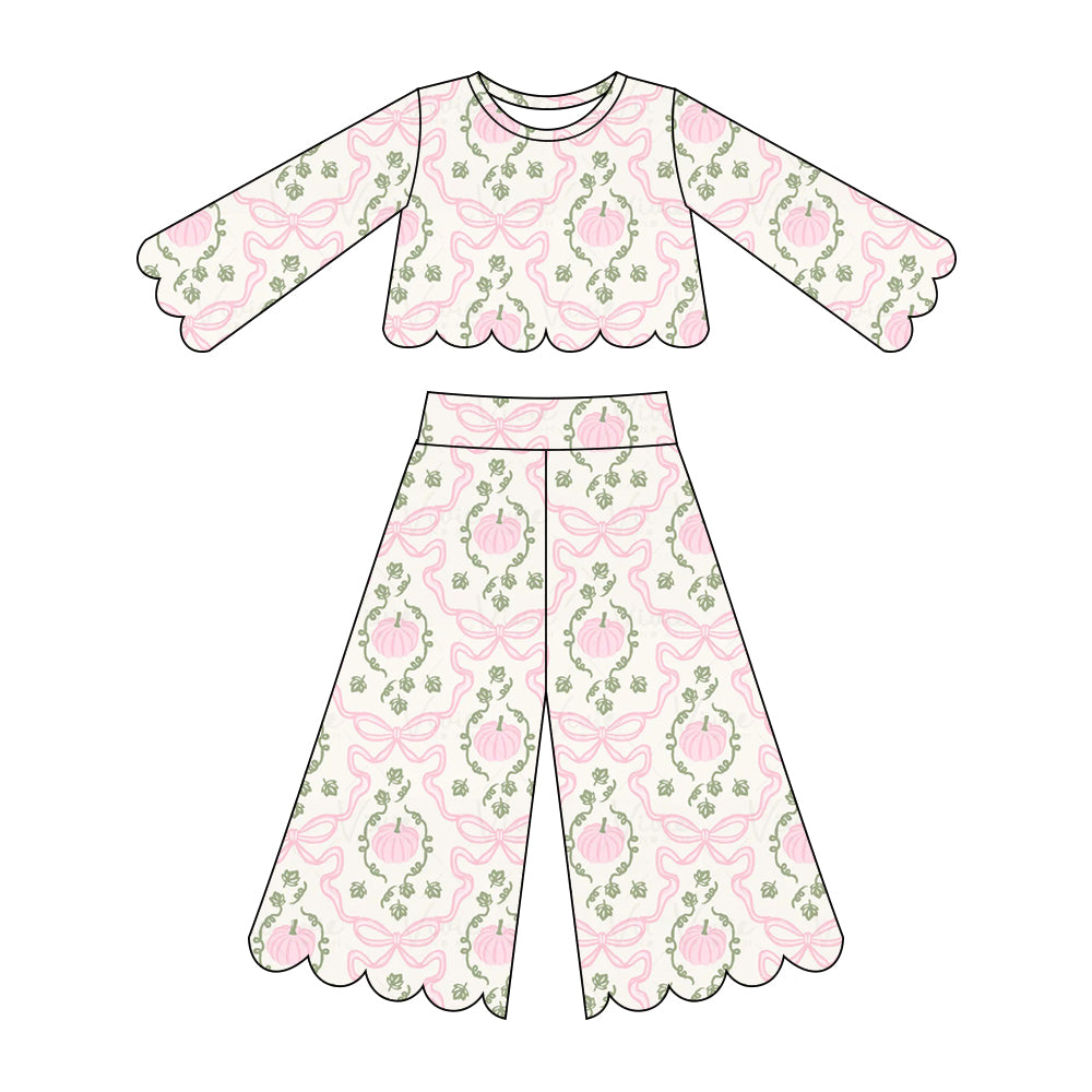 Pink pumpkin scallop print girls long sleeve spring fall set outfit preorder