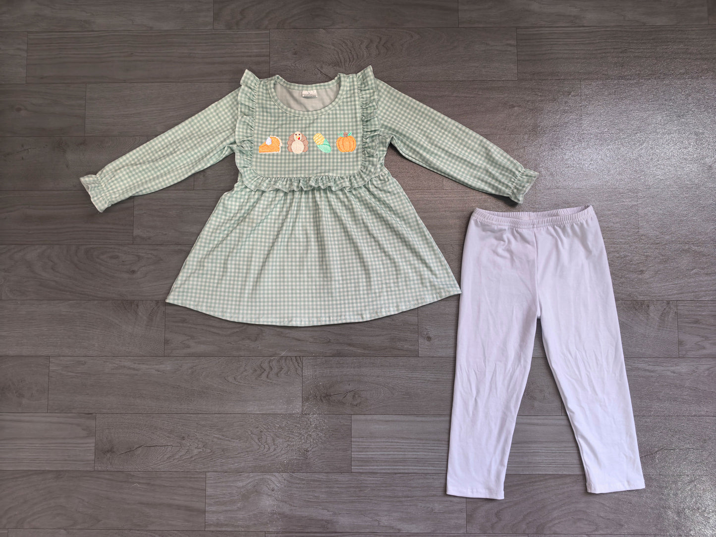 Embroidery Thanksgiving turkey pumpkin long sleeve top matching legging girls outfit preorder
