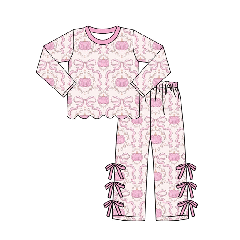 Pink bow pumpkins long sleeve top matching pants girls outfit preorder