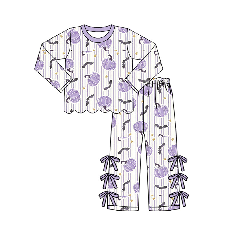 Halloween bat lavender pumpkins long sleeve top matching pants girls outfit preorder