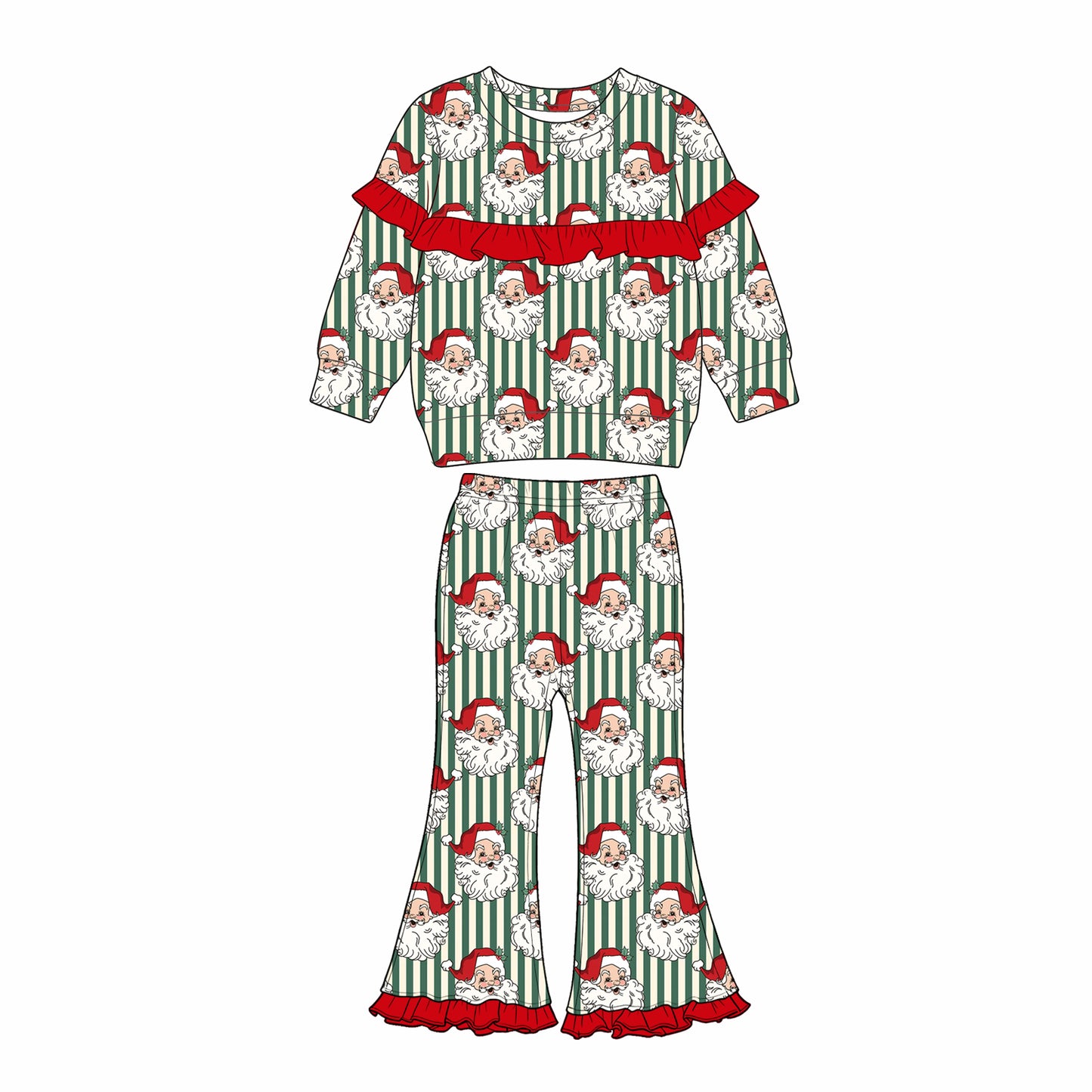 Christmas santa claus green stripes long sleeve top matching pants girl outfit preorder