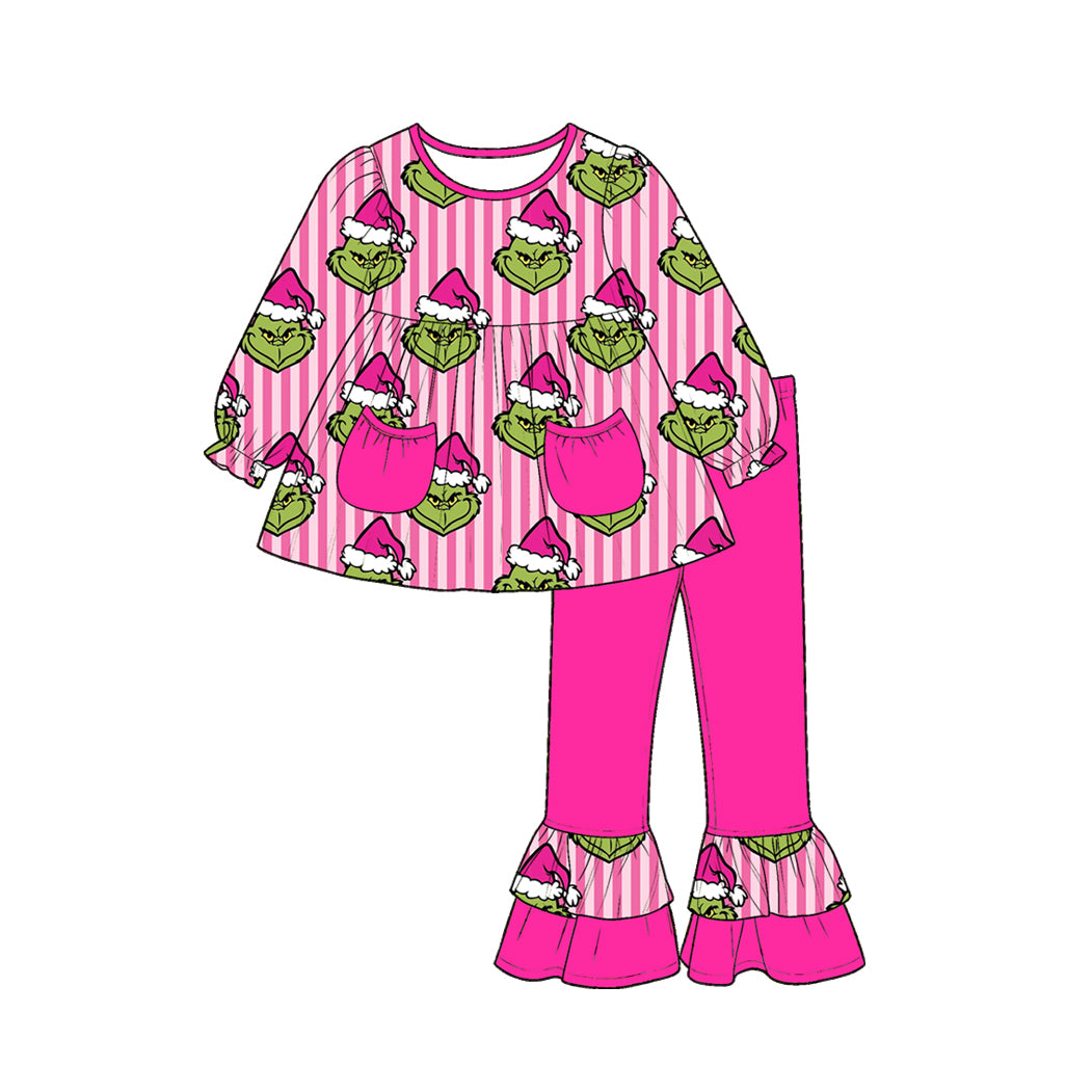 Christmas green face long sleeve top matching pants girl outfit preorder