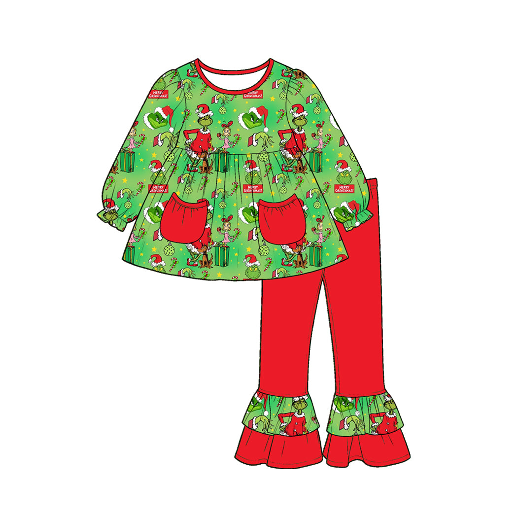 Christmas green face long sleeve top matching pants girl outfit preorder