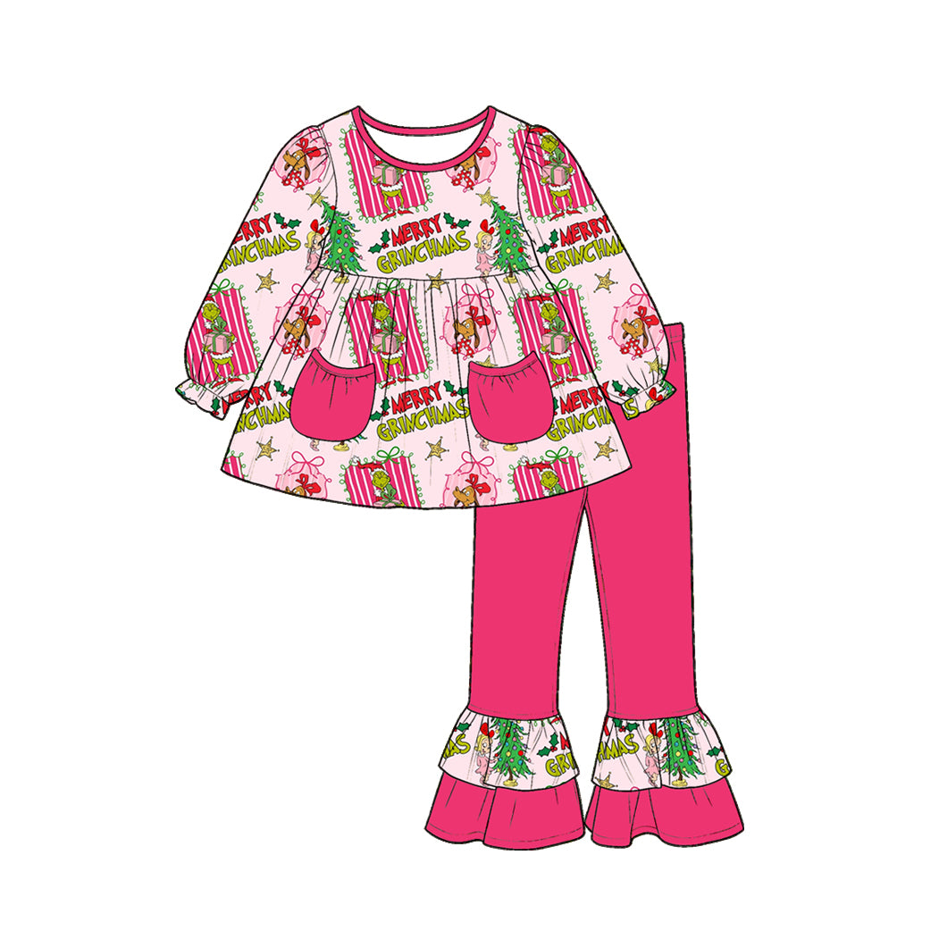 Christmas green face long sleeve top matching pants girl outfit preorder