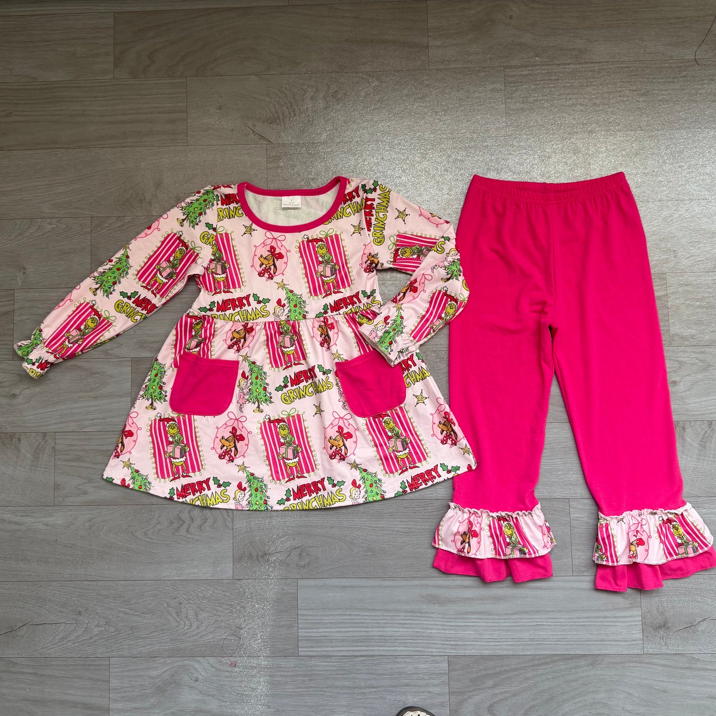Christmas green face long sleeve top matching pants girl outfit preorder
