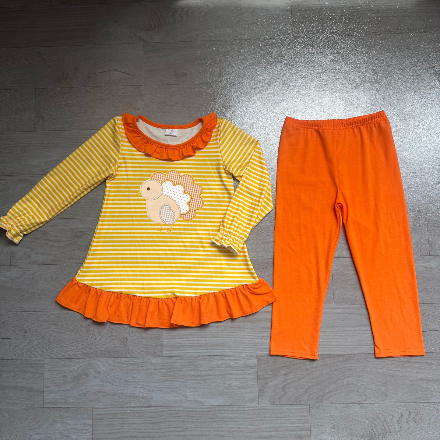 Thanksgiving turkey embroidery print long sleeve top matching pants girl outfit preorder