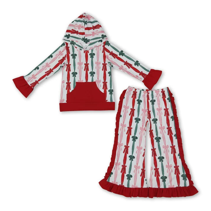 Long sleeve Christmas green red bow hoodie top matching pants girl wholesale factory price clothes
